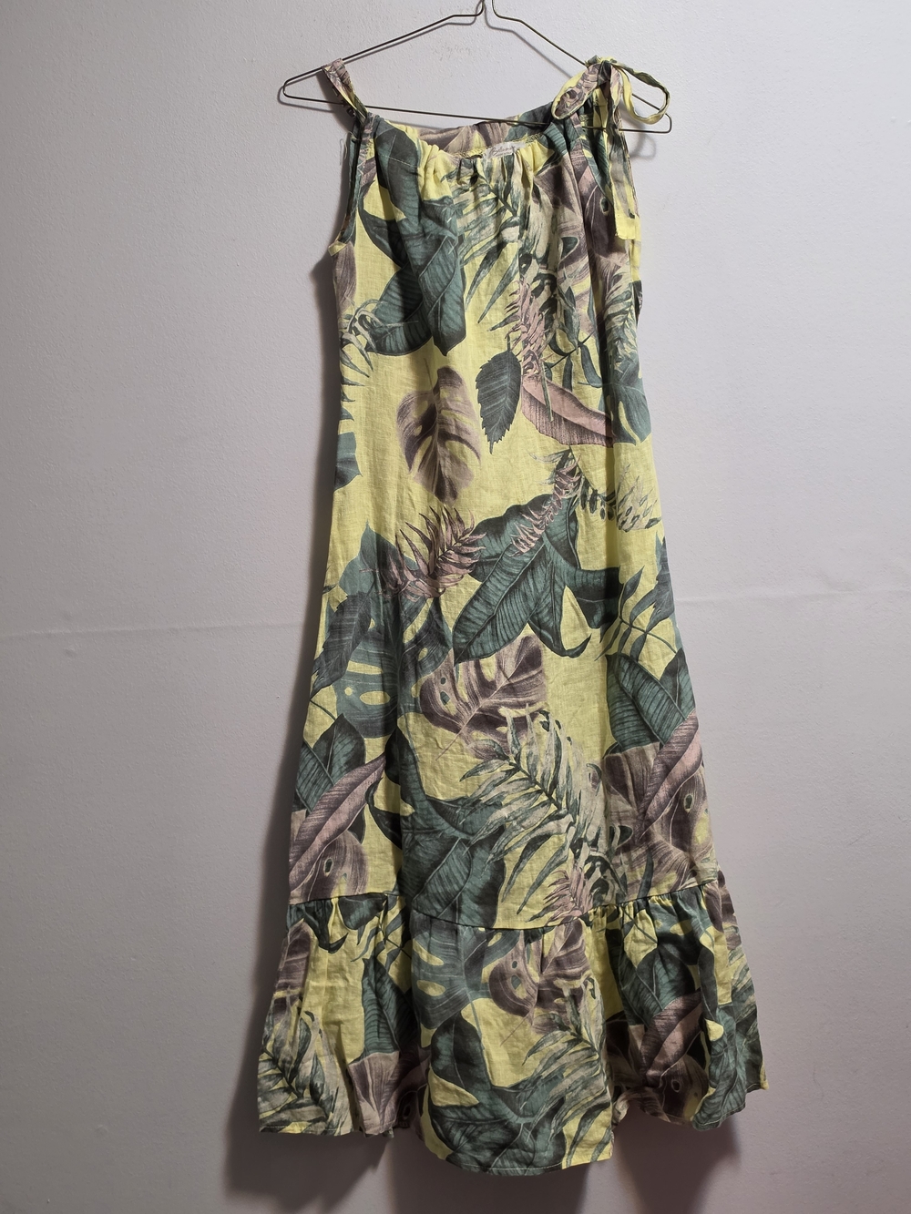 100% Linen Yellow Tropical Leaf Tie-Strap Maxi Dress